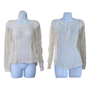 Ten-Sixty Sherman Womens Lace Top Size S-M Ivory Sheer Keyhole Long Sleeve